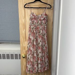 Pleated pink floral midi dress